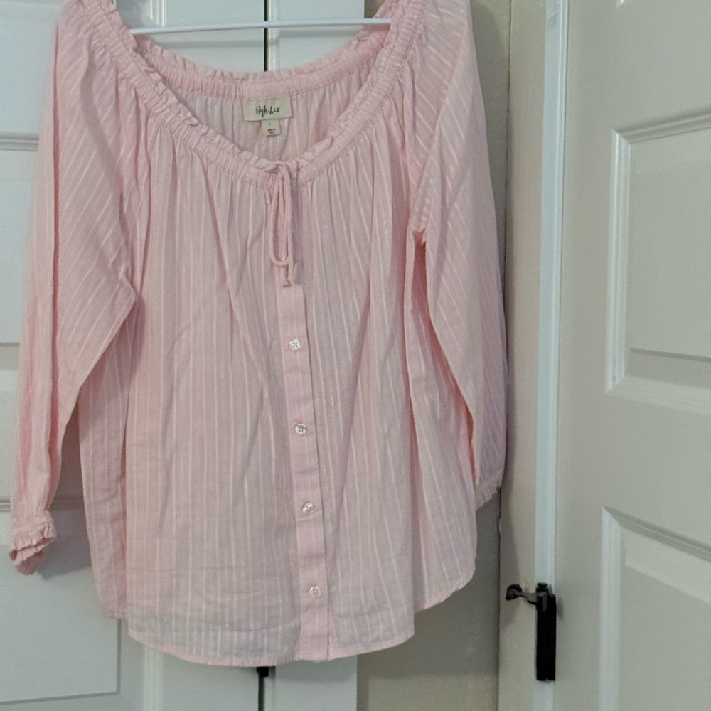 Chic Pink 3/4 Sleeve Blouse with Bib Collar